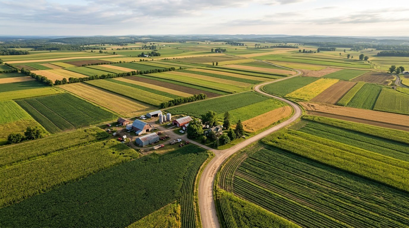 Aerial view of patchwork farmland with a winding road
