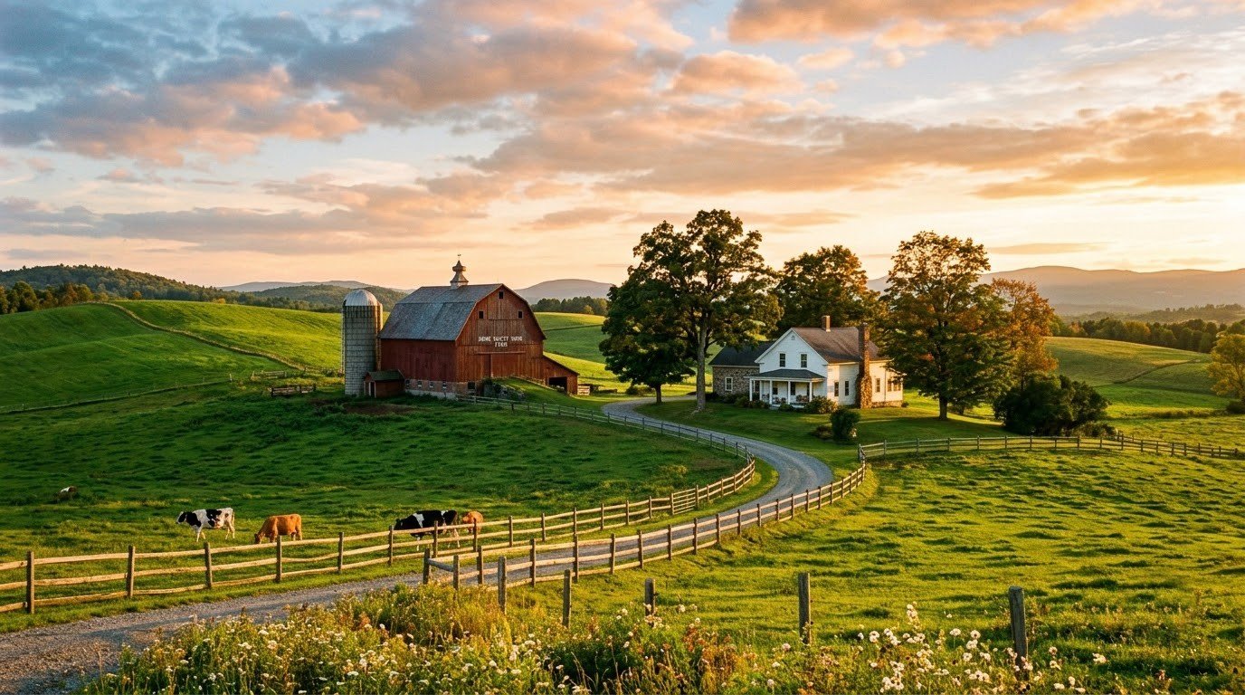 Red barn and white farmhouse at sunset